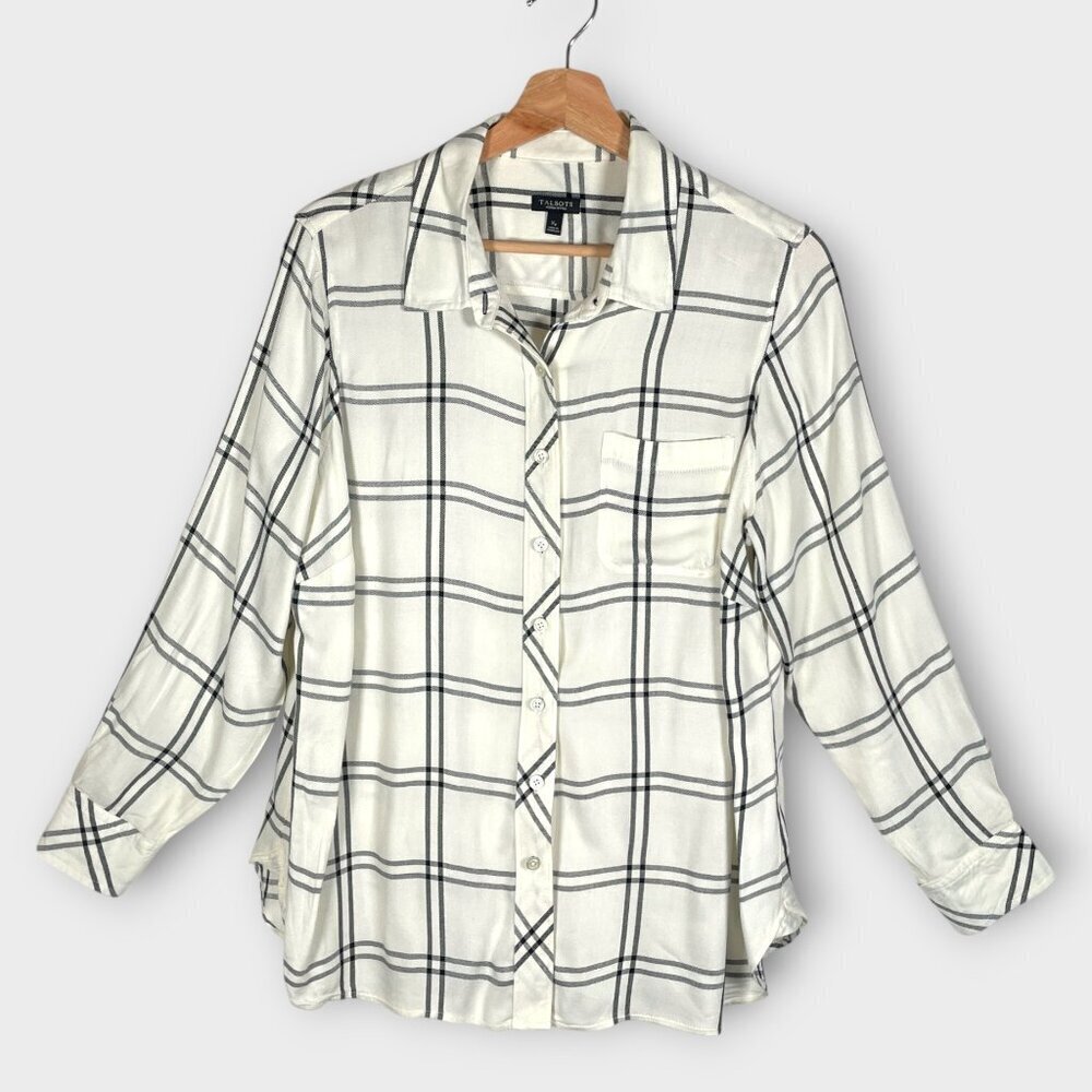 🦜 TALBOTS Button Up Blouse XP White Black Rayon Casual to Office